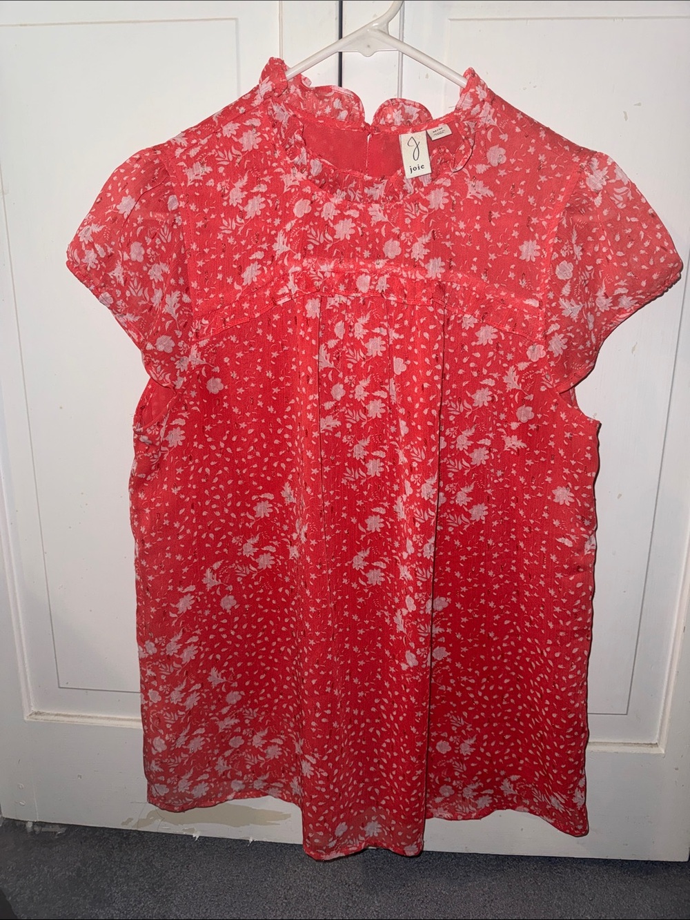 Joie Coral Floral Ruffle-Neck Top